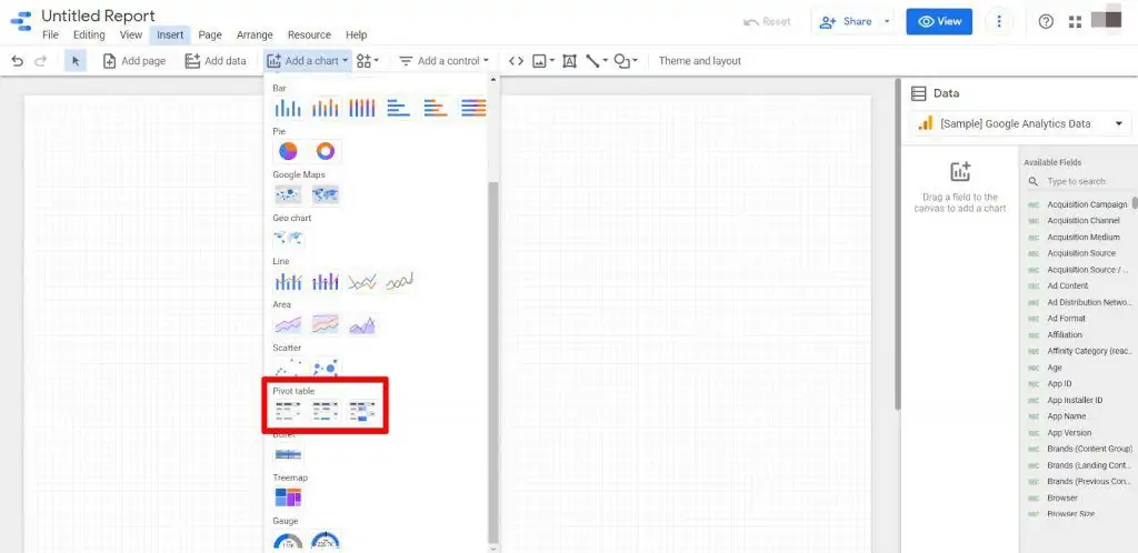 Click the Add a chart dropdown button and select a Pivot table