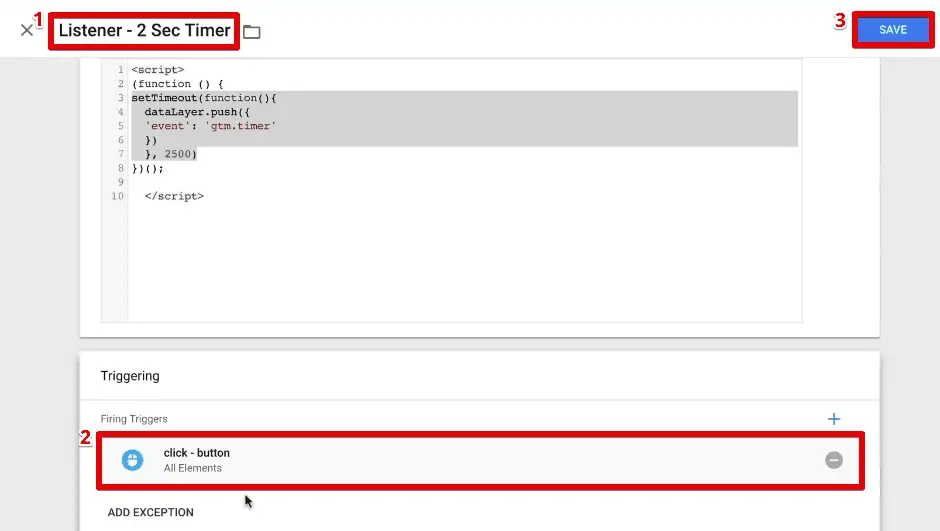 Configuring a click button trigger to a custom HTML Tag in Google Tag Manager