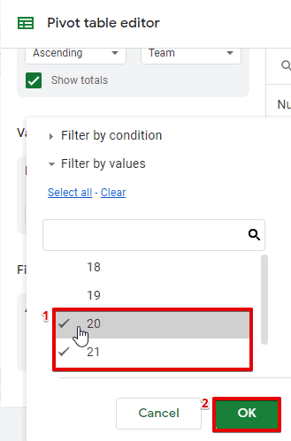 Configuring different parameters on the filter section of a pivot table