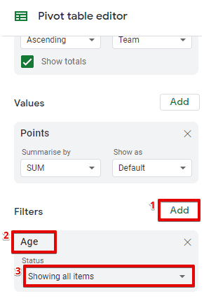 Configuring the Filters section on a pivot table