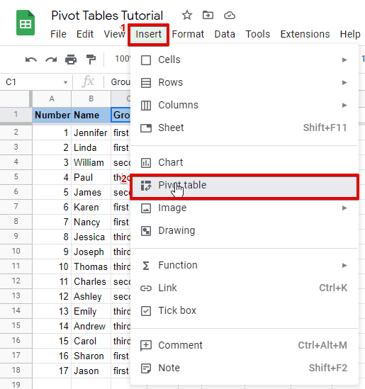 Creating a Google Sheets pivot table from under the Insert menu