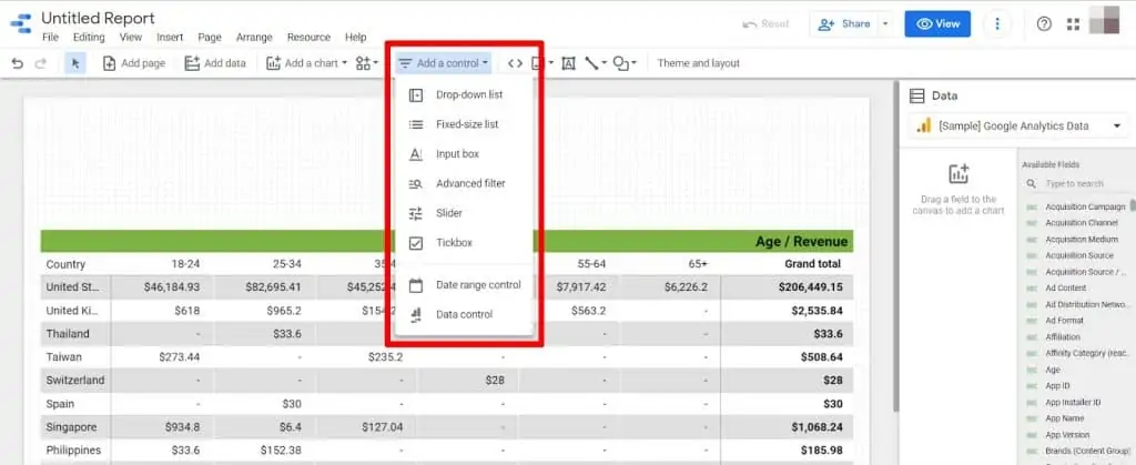 Looker Studio Add a control drop-down list