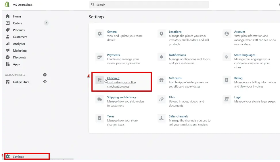 Accessing the Checkout option from the settings section of the backend of the Shopify website