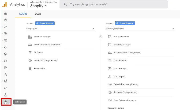 Accessing the debug point of view section from the home screen of the Google Analytics account