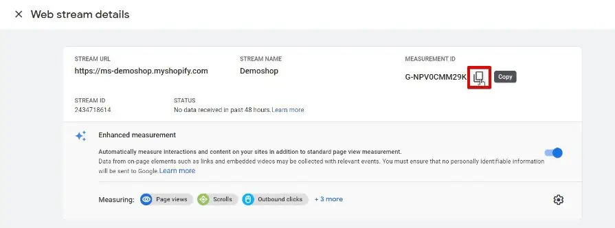 Accessing the measurement ID from the webstream details of the created Shopify property in the Google Analytics account