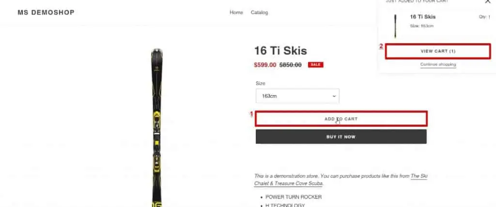 Adding a product to the cart and viewing the cart on Shopify