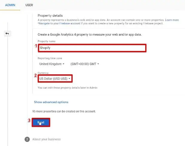 Adding the Shopify property on the Google Analytics account