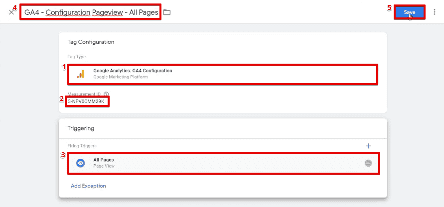 Configuring a Google Analytics GA4 Configuration Tag with an All Pages trigger on the Google Tag Manager platform
