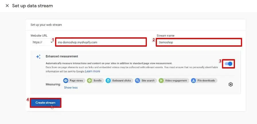 Configuring a data stream to collect data by Google Analytics 4