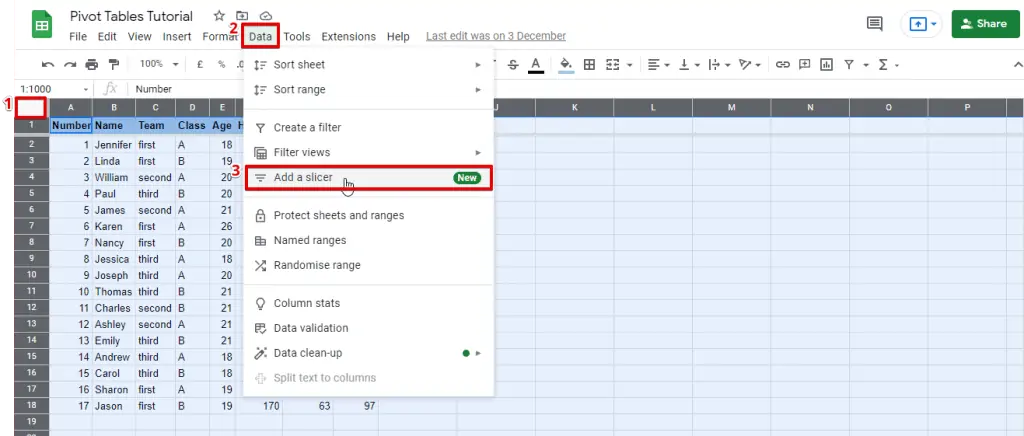 Configuring a new slicer from the data section of the Google Sheets