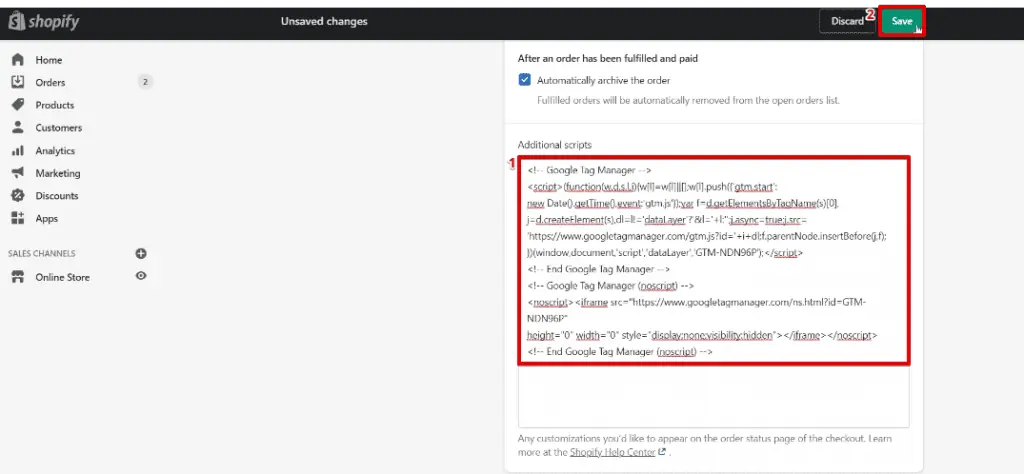 Configuring code snippets in the Additional scripts section of Shopify’s website settings
