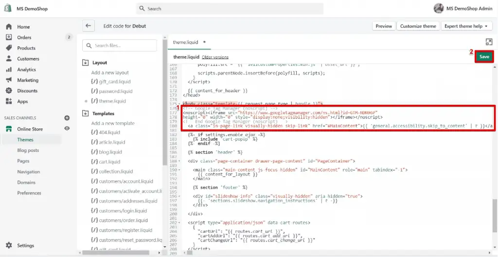 Configuring the head code snippet into the HTML code of the Shopify website and saving the final code