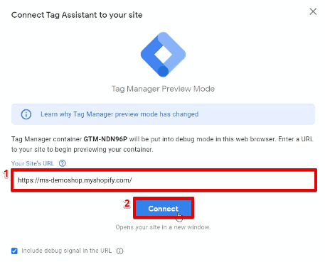 Connecting the website URL to Google Tag Assistant plugin