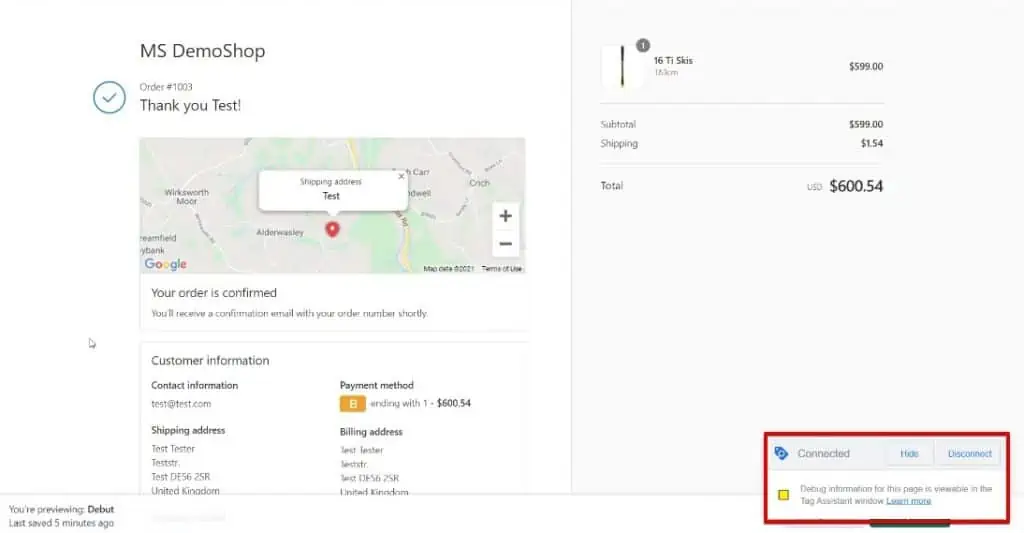Google Tag Assistant connected successfully on the Thank You page of the Shopify website