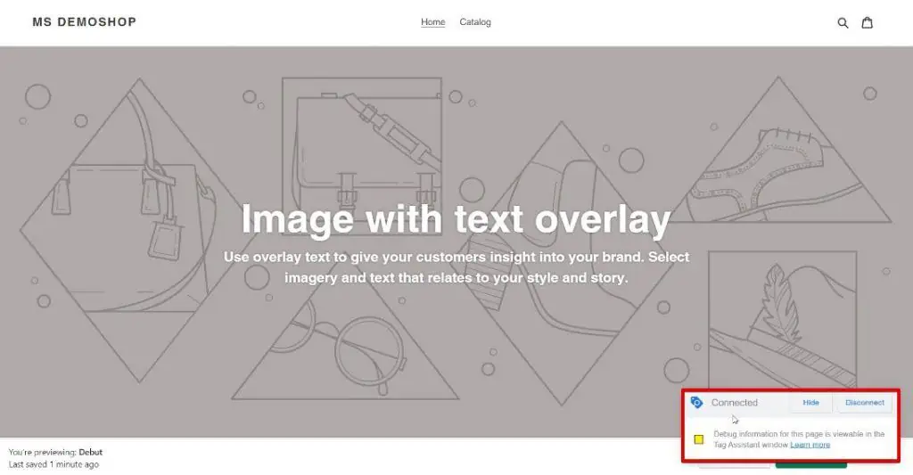 Google Tag Assistant connected successfully to the Shopify website