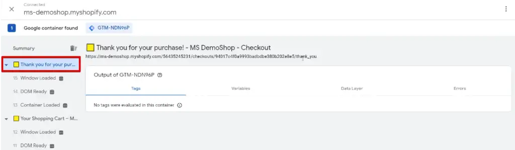 Observing the Thank You page activity tracked by Google Tag Assistant