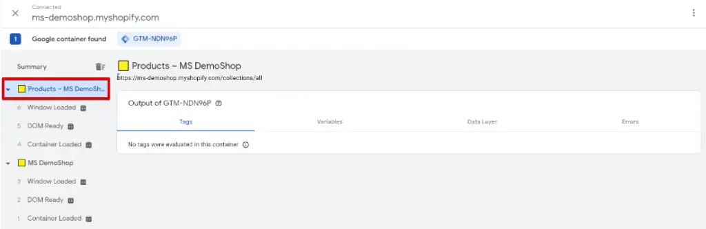 Observing the product page visit tracked by Google Tag Assistant