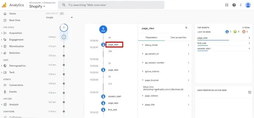 Observing the real-time page view event tracked by the Google Analytics 4 version installed on the interface