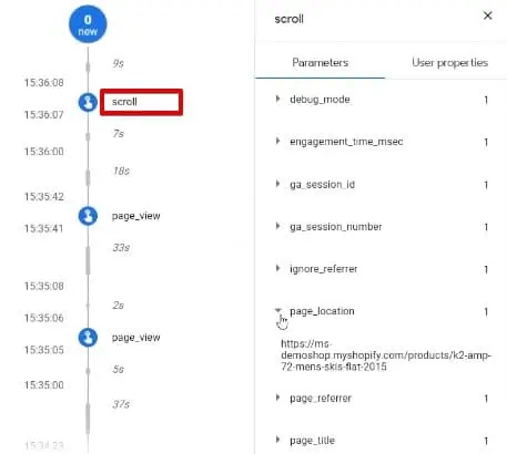 Observing the real time scroll page event tracked by the Google Analytics 4 version installed on the interface