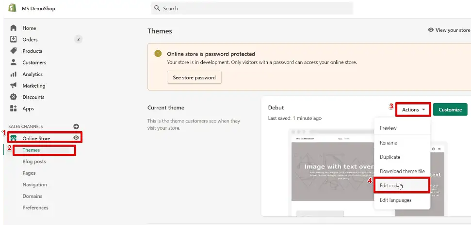 Opening the HTML codes of the Shopify website from the admin section of the website