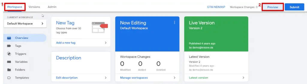 Opening the preview section of the current version of the website from the Google Tag Manager