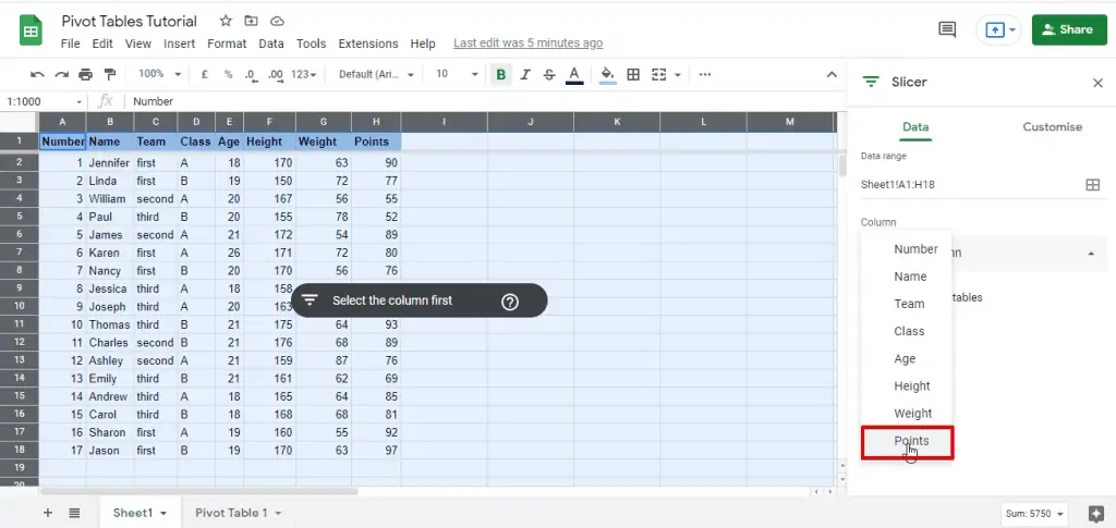 Slicing the data on a pivot table based on a particular column of the data set