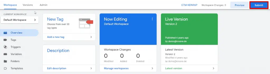 Submitting the current version of the website from Google Tag Manager