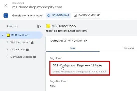 Verifying the pageview Tag for the Shopify website fired on the Google Tag Assistant interface