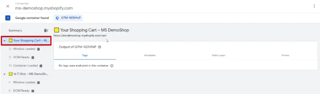 Verifying the shopping cart event tracked by Google Tag Assistant