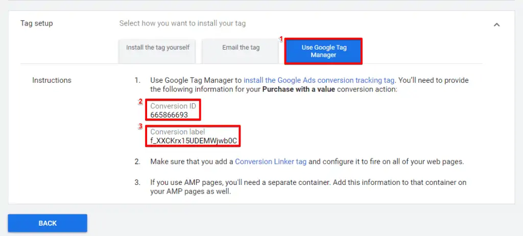Accessing conversion ID and the conversion label from the Tag setup section