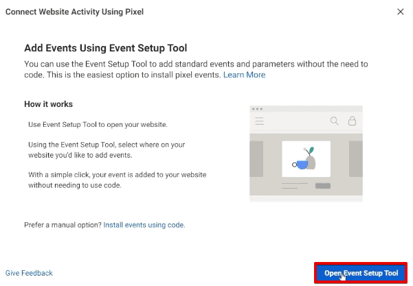 Accessing the Event Setup Tool for adding and modifying events from the Meta Business Manager account