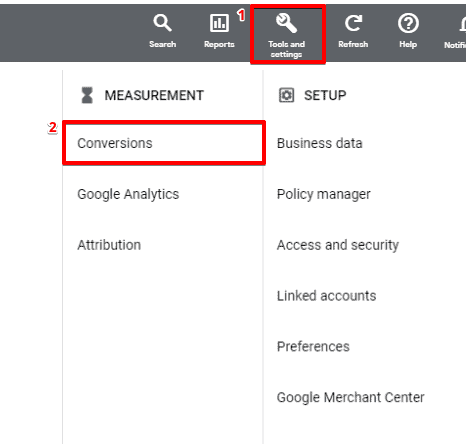 Accessing the conversions from the tools & settings section of the Google Ads account