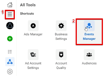 Accessing the events manager section from the menu of Meta Business Manager