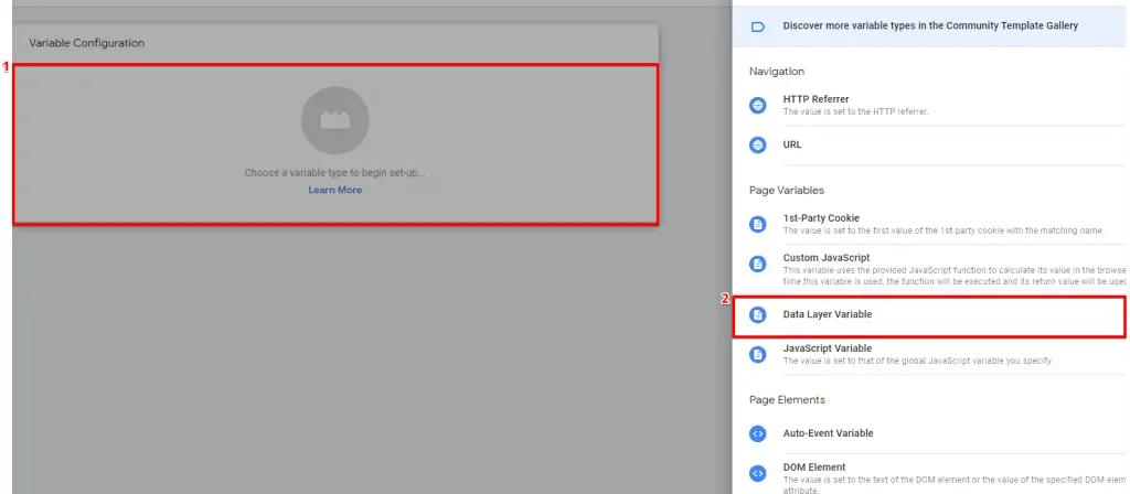 Choosing data layer variable as the variable type to configure in a Google Ads conversion tracking Tag