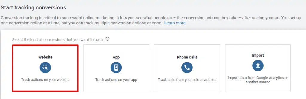 Choosing the website method to implement the tracking of conversions