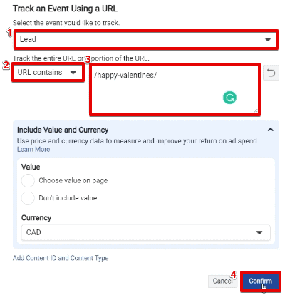Configuring event information to track using a URL method in the Meta Business Manager