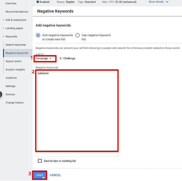 Configuring negative keywords to a campaign on Google Ads