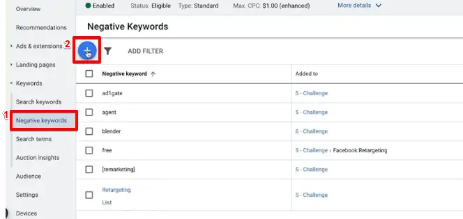 Configuring negative keywords to the ad campaigns on Google Ads