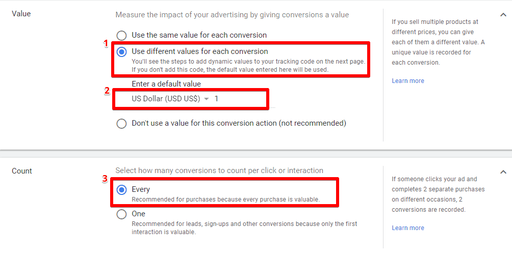 Configuring the values and counts for tracking the conversions by creating a conversion action for your website