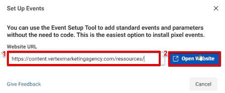 Configuring the website URL to set up an event in the Meta Business Manager account