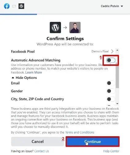 Confirming the settings and account information for configuring a new plugin to the WordPress portal of the website