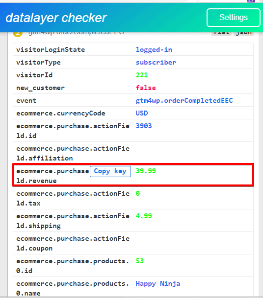 Copying the conversion key from the datalayer checker plugin from the website browser