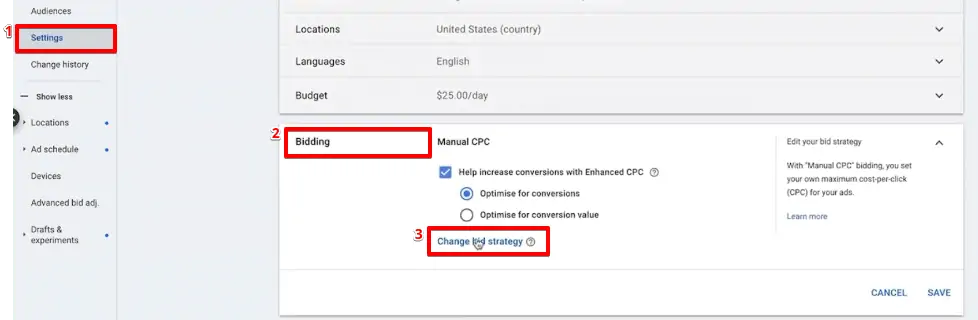 Creating a bidding strategy from the settings section of the Google Ads campaigns