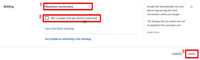 Creating a bidding strategy of maximizing conversions on Google Ads campaigns