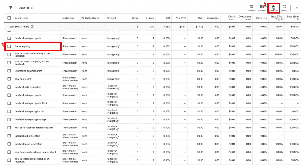 Downloading the search keywords to create a list of negative keywords from Google Ads search campaigns