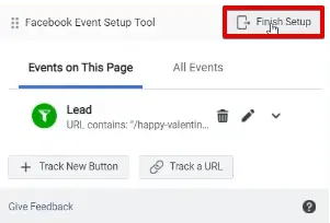 Exiting the set up of a new event that tracks the URL from the Meta Event Setup tool