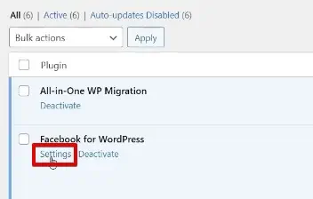 Modifying the settings of the Facebook for WordPress extension