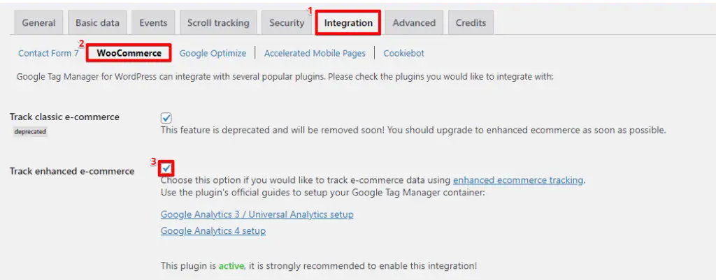 Selecting the enhanced eCommerce tracking option from WooCommerce section of the Integration section