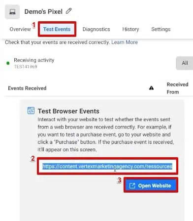 Testing the created event by entering the URL of the website