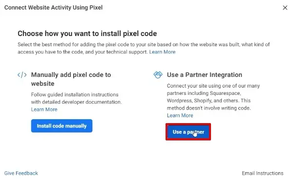 Using a partner integration method to configure a new event to your website
